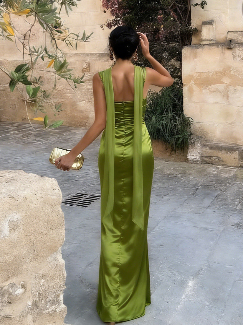 Women's Satin Maxi Dress Square Neck Sleeveless Ruched Backless Bodycon Evening Gown