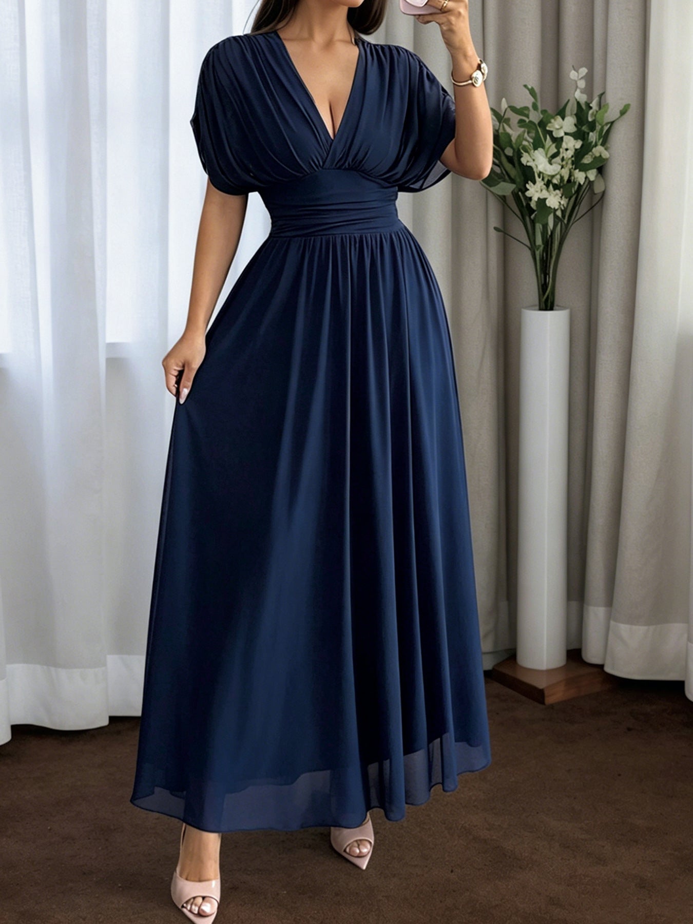 Women's Maxi Dress V-Neck Batwing Short Sleeve Ruched Waist Mesh Overlay A-Line Party