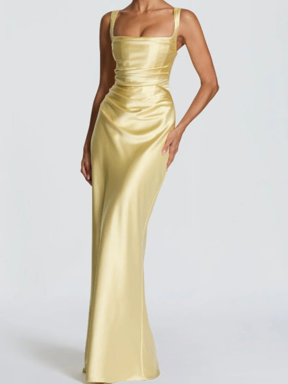 Women's Satin Mermaid Maxi Dress Square Neck Sleeveless Lace-Up Back Ruched Slim Fit Formal Gown