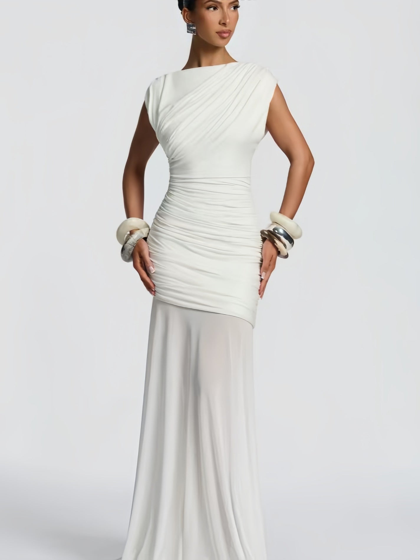 Women's Bodycon Maxi Dress Boat Neck Cap Sleeve Ruched Mesh Panel Slim Fit Party Wear