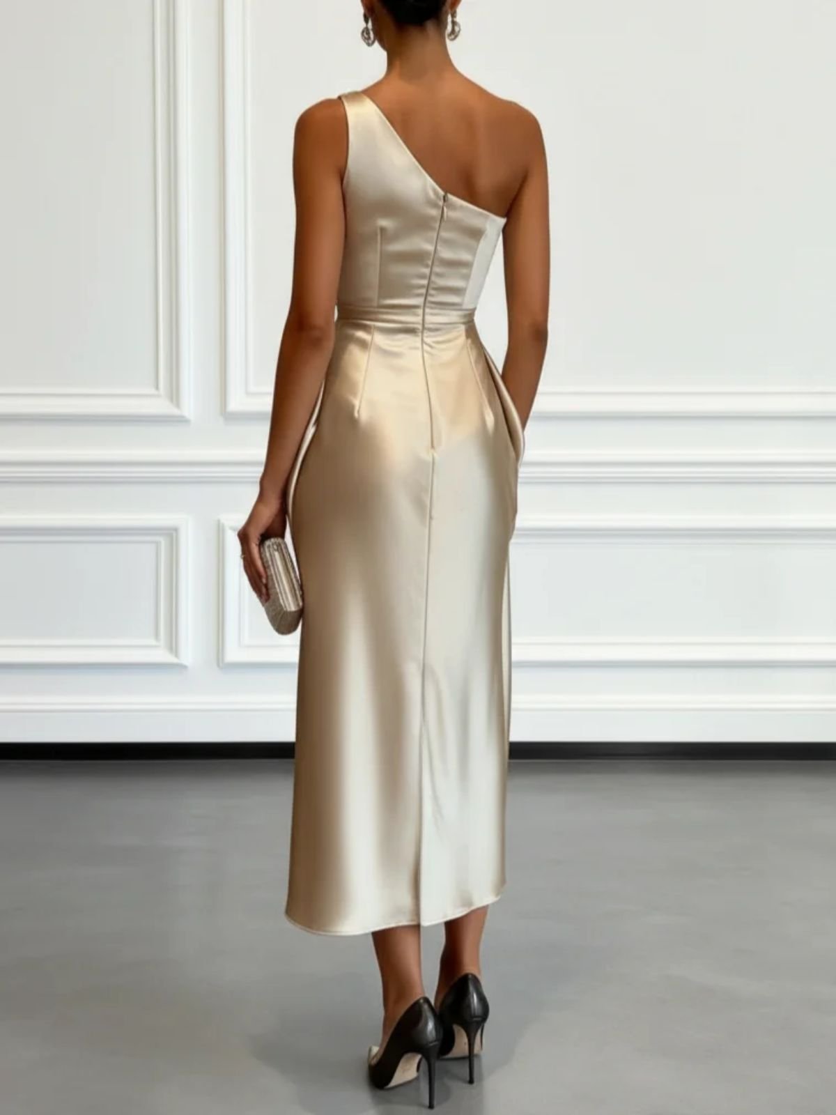 Women's Satin Maxi Dress One Shoulder Sleeveless Ruched Draped Bodycon Evening Party Gown