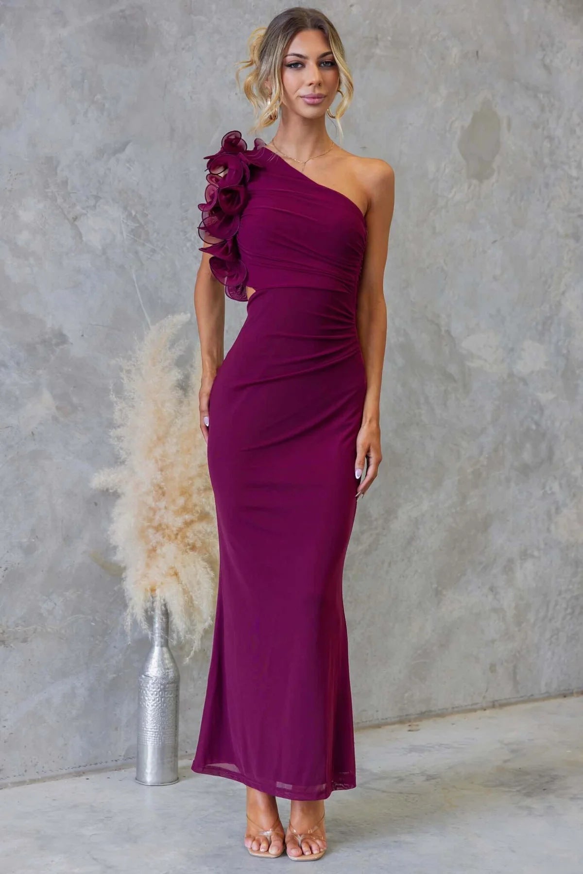 Women's One-Shoulder Maxi Dress Ruffle Cutout Wedding Guest Formal Gown