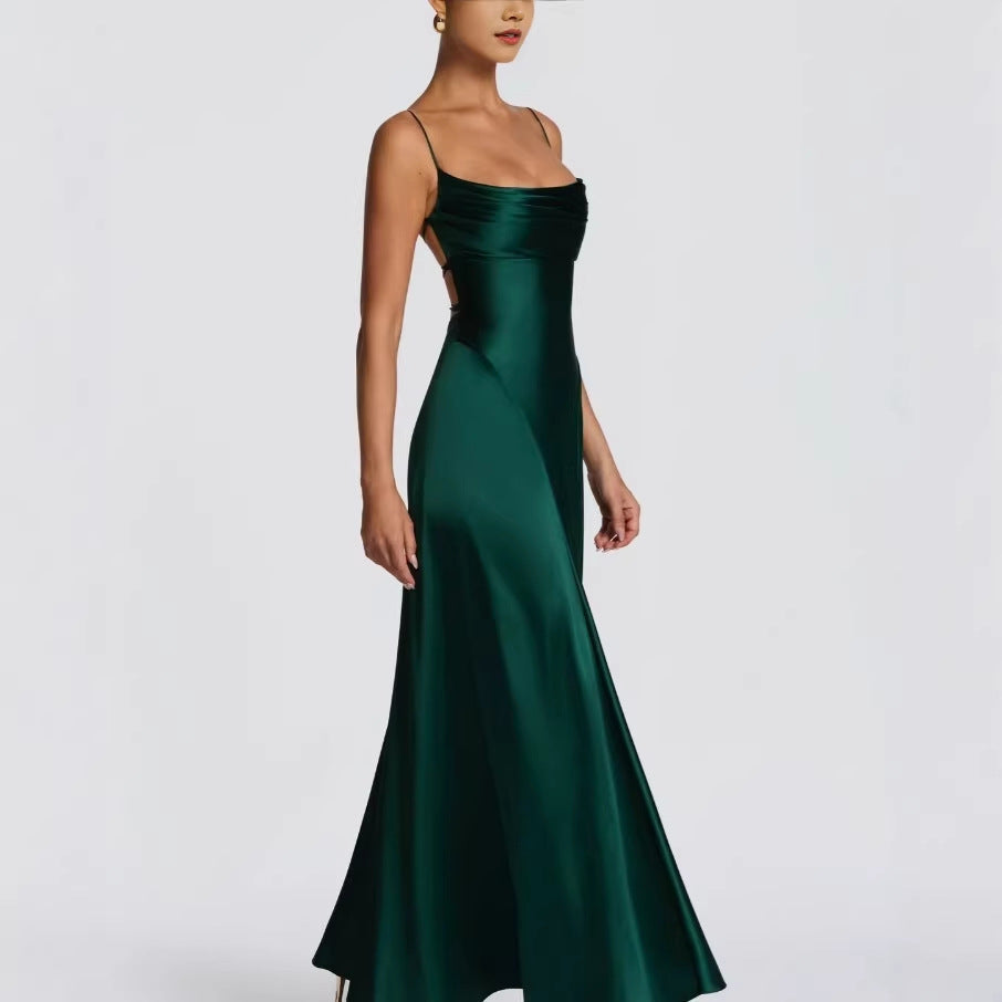 Women's Satin Maxi Dress Cowl Neck Spaghetti Strap Cross Back Cutout Slim Fit Evening Gown