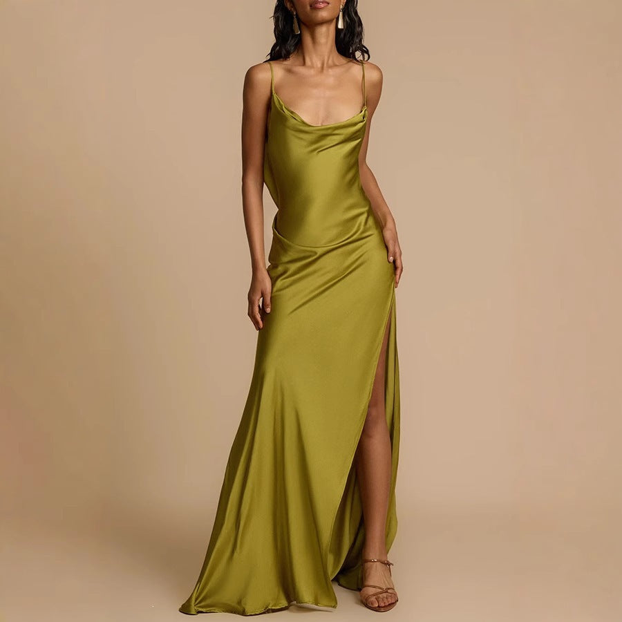 Women's Satin Maxi Dress Cowl Neck Spaghetti Strap Backless Side Slit Ruffle Party Dress