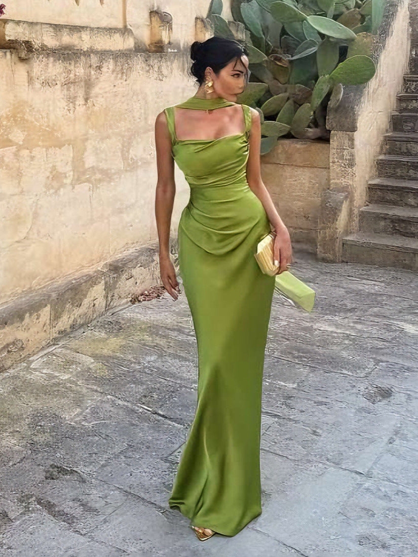 Women's Satin Maxi Dress Square Neck Sleeveless Ruched Backless Bodycon Evening Gown