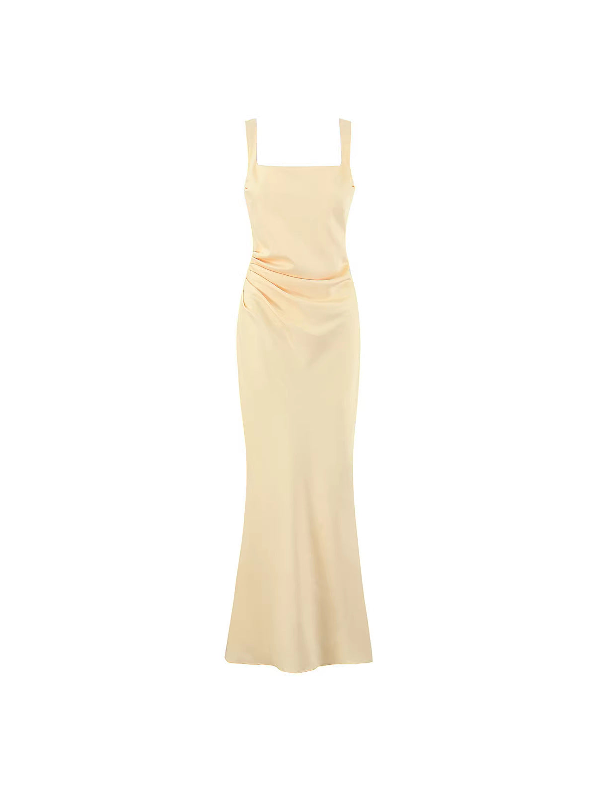 Women's Satin Mermaid Maxi Dress Square Neck Sleeveless Lace-Up Back Ruched Slim Fit Formal Gown