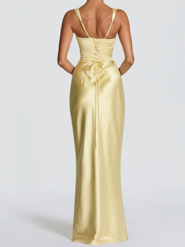 Women's Satin Mermaid Maxi Dress Square Neck Sleeveless Lace-Up Back Ruched Slim Fit Formal Gown