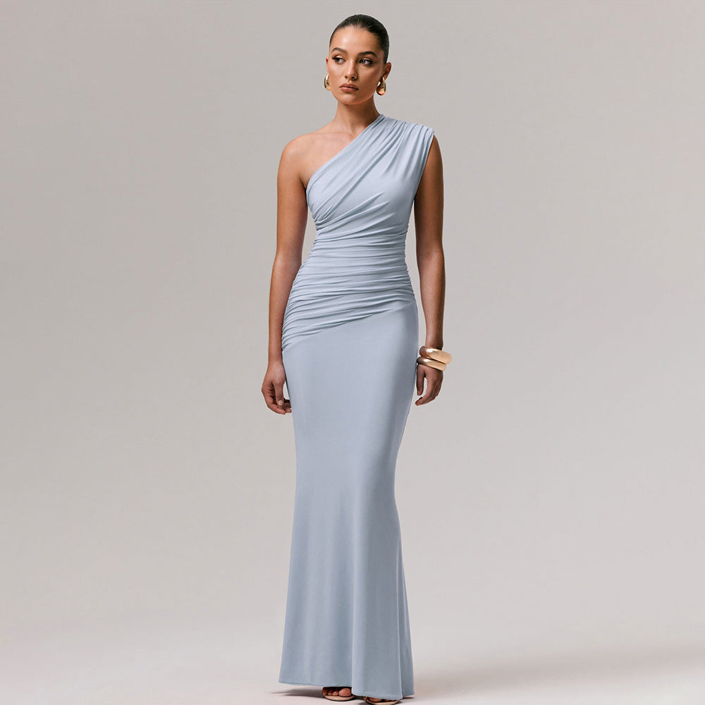 Women's One Shoulder Maxi Dress Sleeveless Ruched Bodycon Fishtail Party Evening Gown