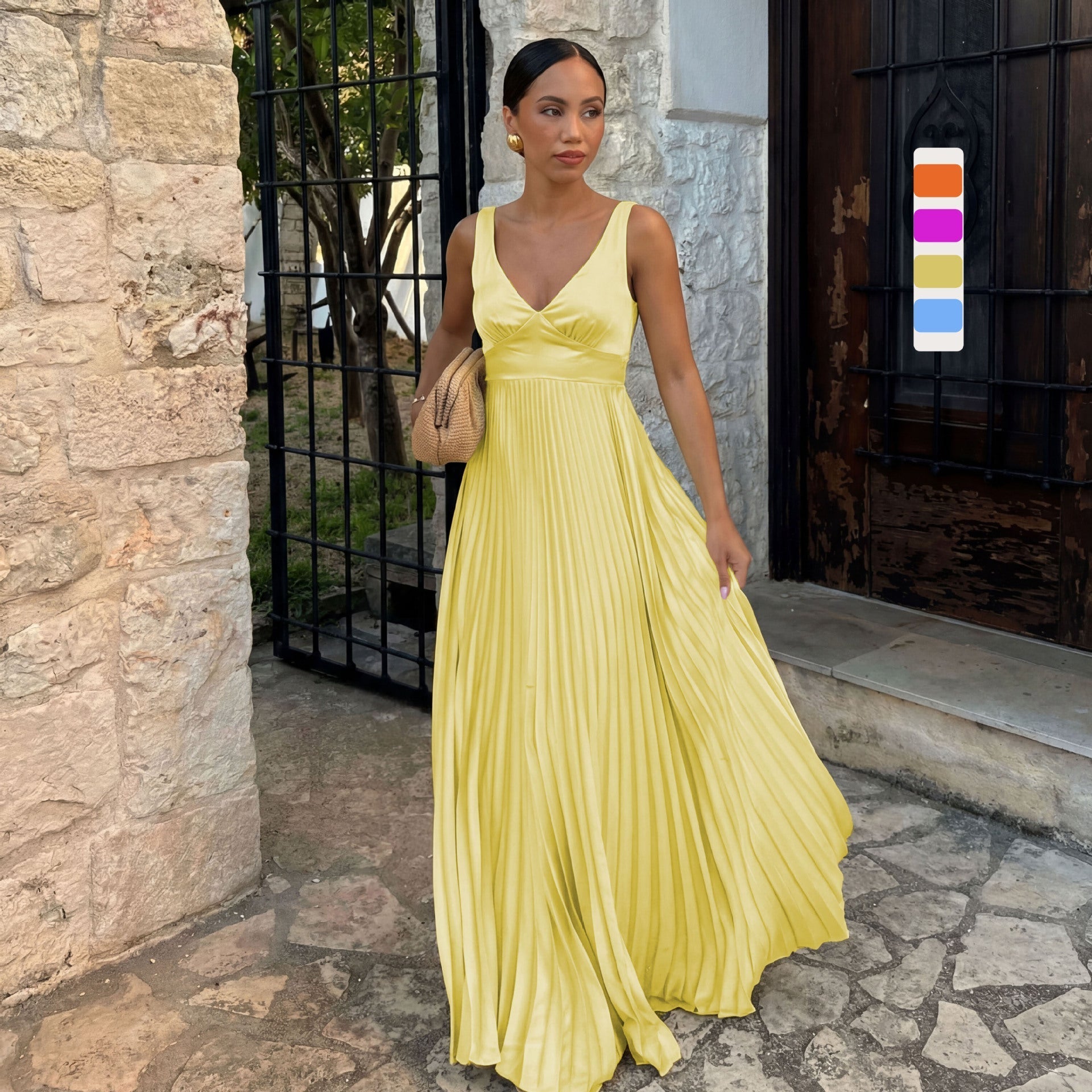 Women's Wedding Guest Maxi Dress V-Neck Pleated Sleeveless A-Line Formal