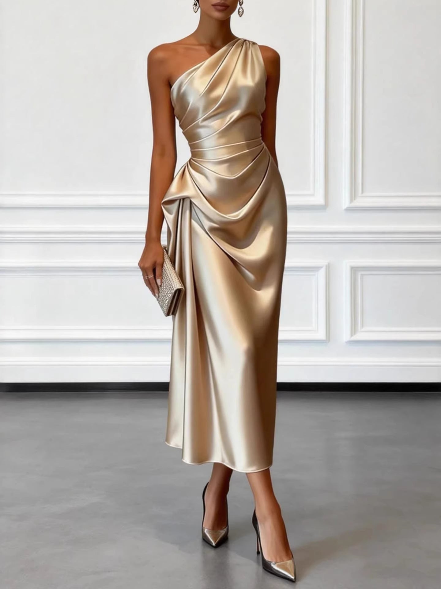 Women's Satin Maxi Dress One Shoulder Sleeveless Ruched Draped Bodycon Evening Party Gown
