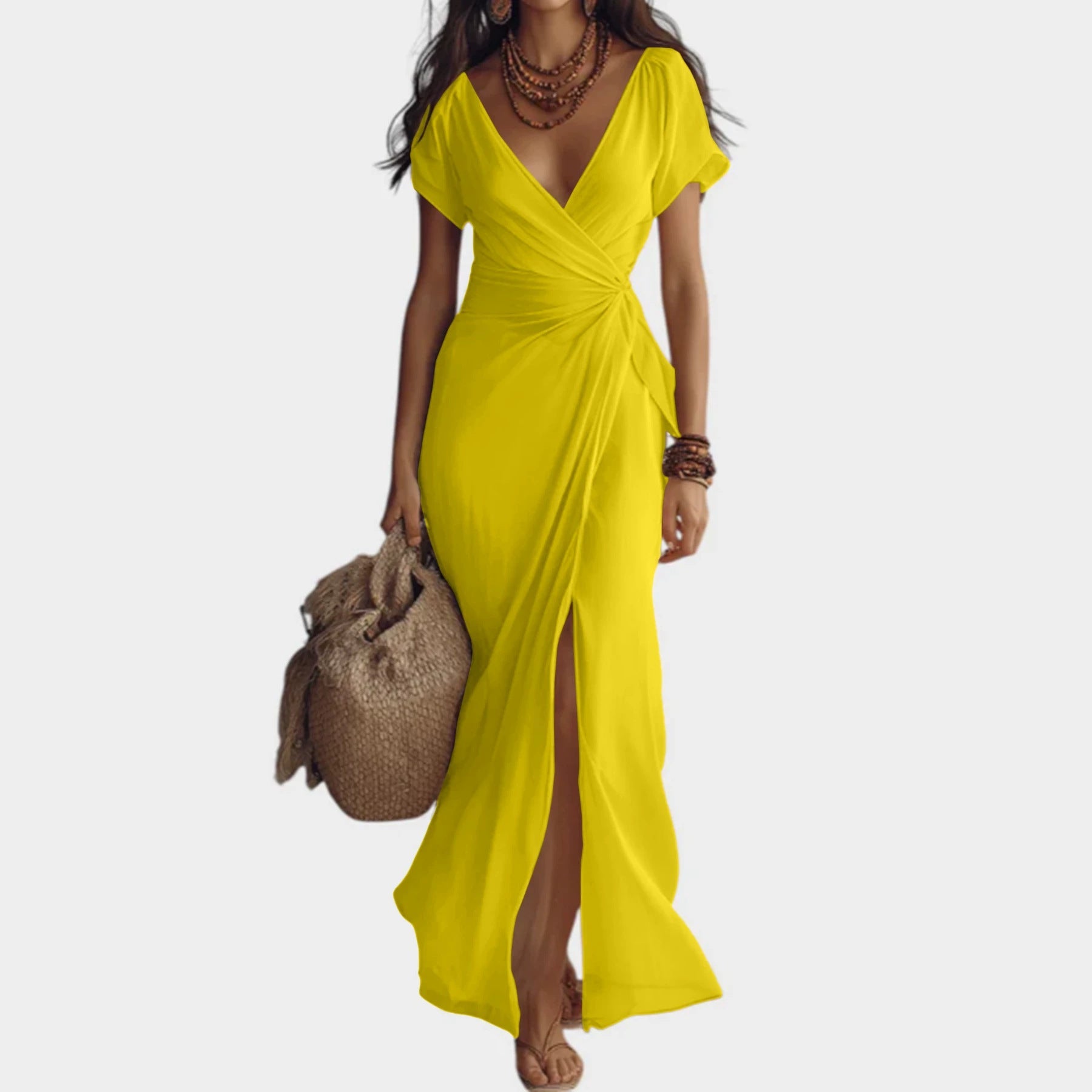Women's Chiffon Maxi Dress V-Neck Short Sleeve Ruched Waist Front Slit Wrap Casual Beach