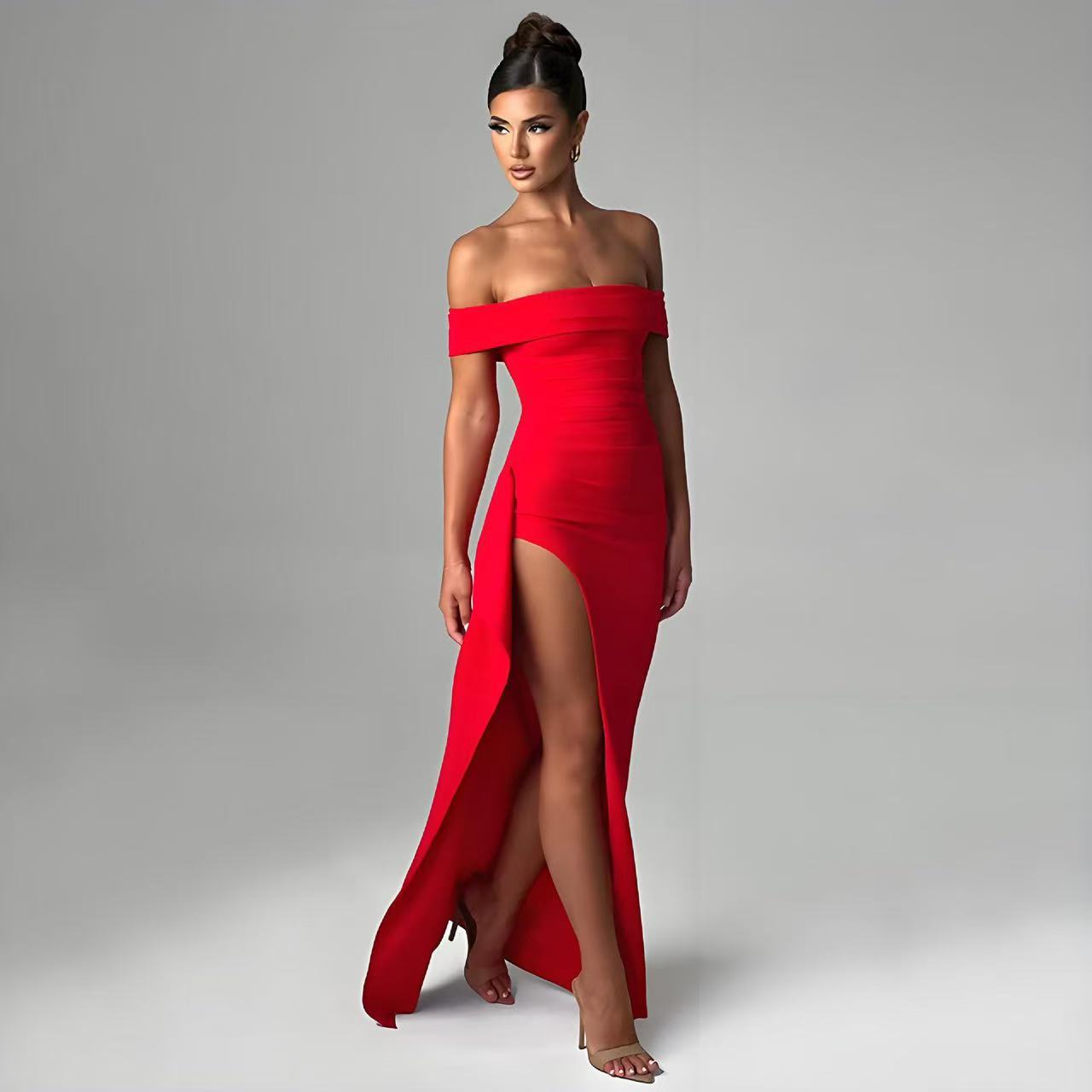 Women's Off Shoulder Maxi Dress High Slit Ruched Bodycon Party Evening Gown