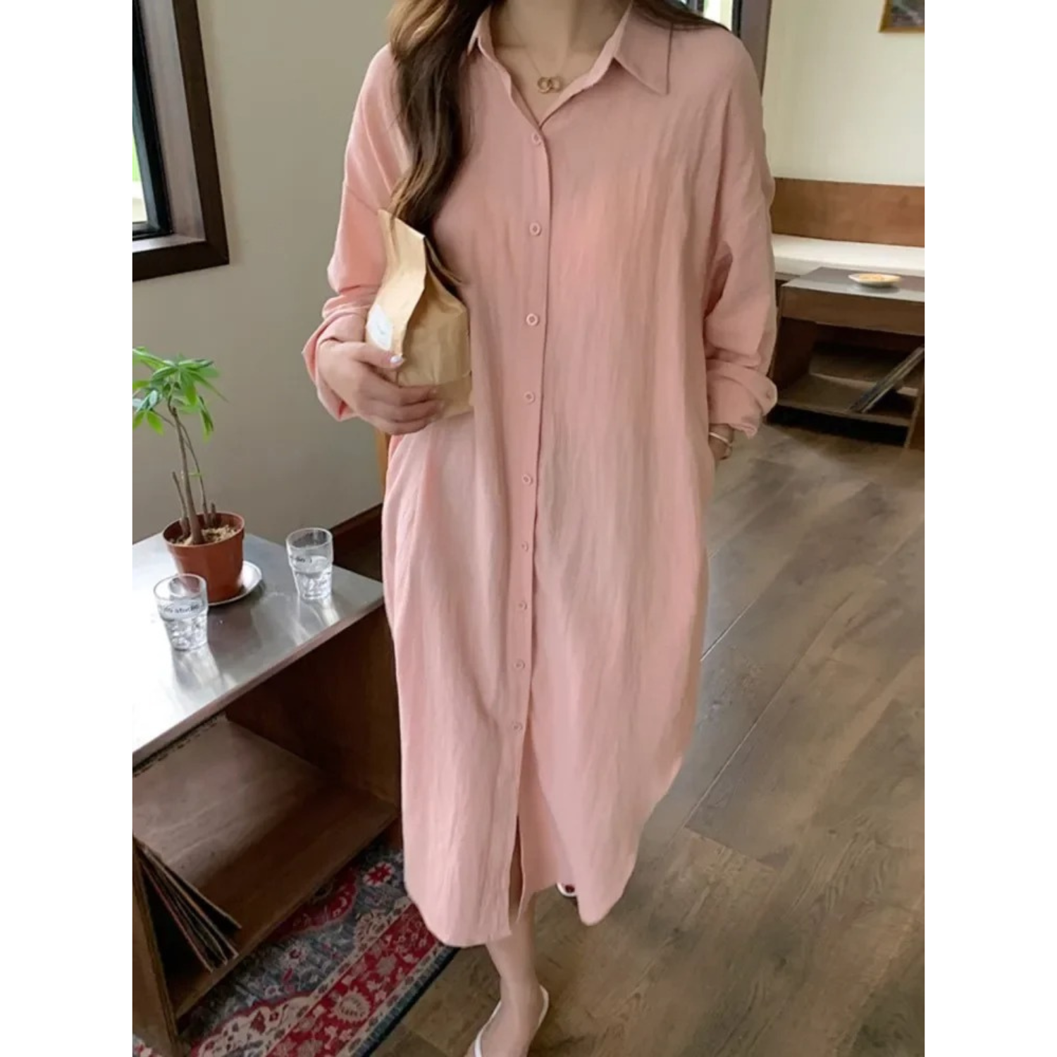 Women's Long Sleeve Button-Front Shirt Maxi Dress – Relaxed Fit Casual