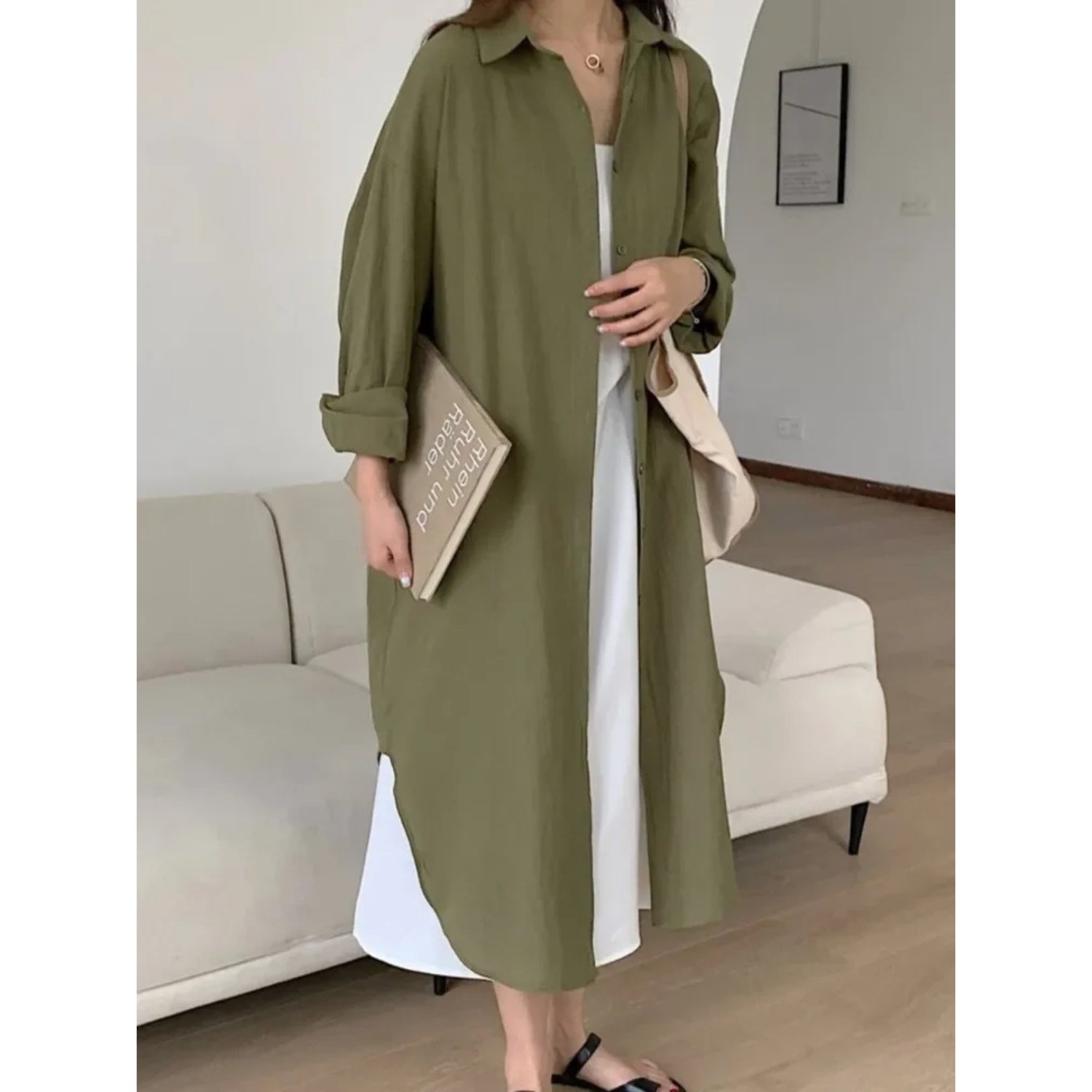 Women's Long Sleeve Button-Front Shirt Maxi Dress – Relaxed Fit Casual
