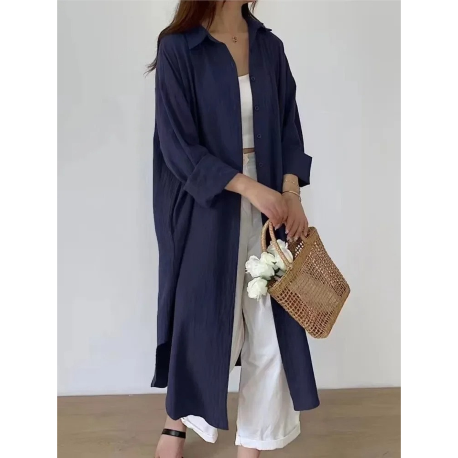 Women's Long Sleeve Button-Front Shirt Maxi Dress – Relaxed Fit Casual