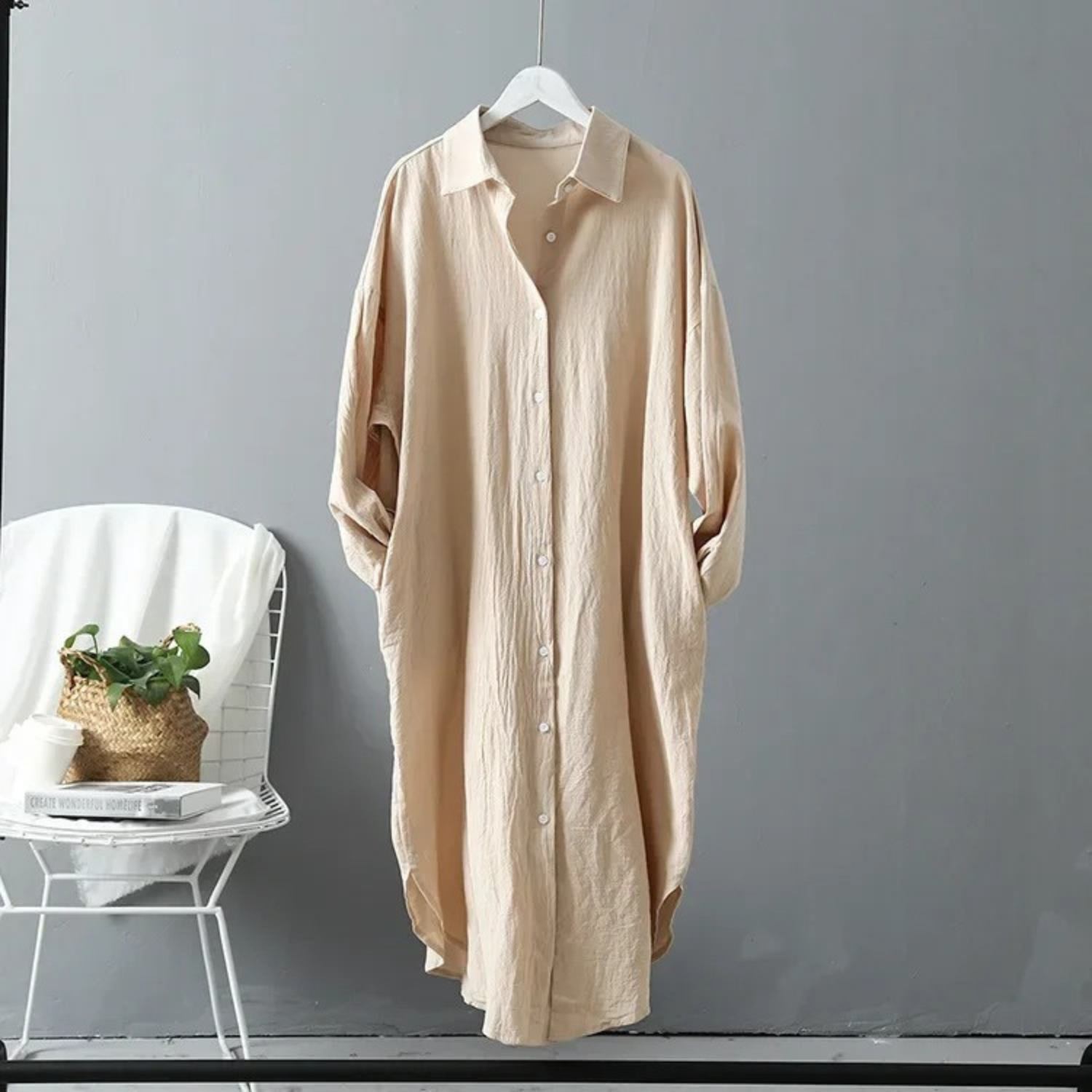 Women's Long Sleeve Button-Front Shirt Maxi Dress – Relaxed Fit Casual