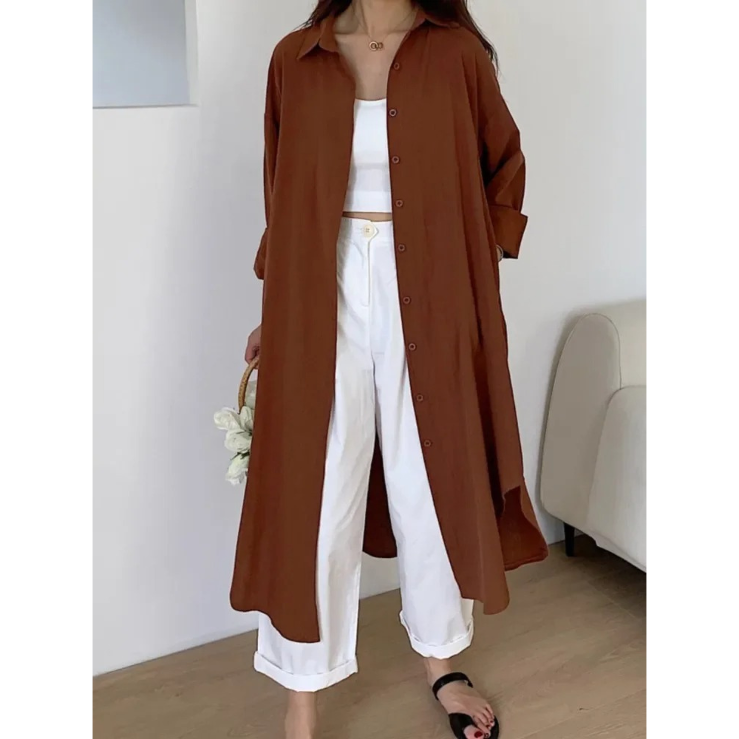 Women's Long Sleeve Button-Front Shirt Maxi Dress – Relaxed Fit Casual