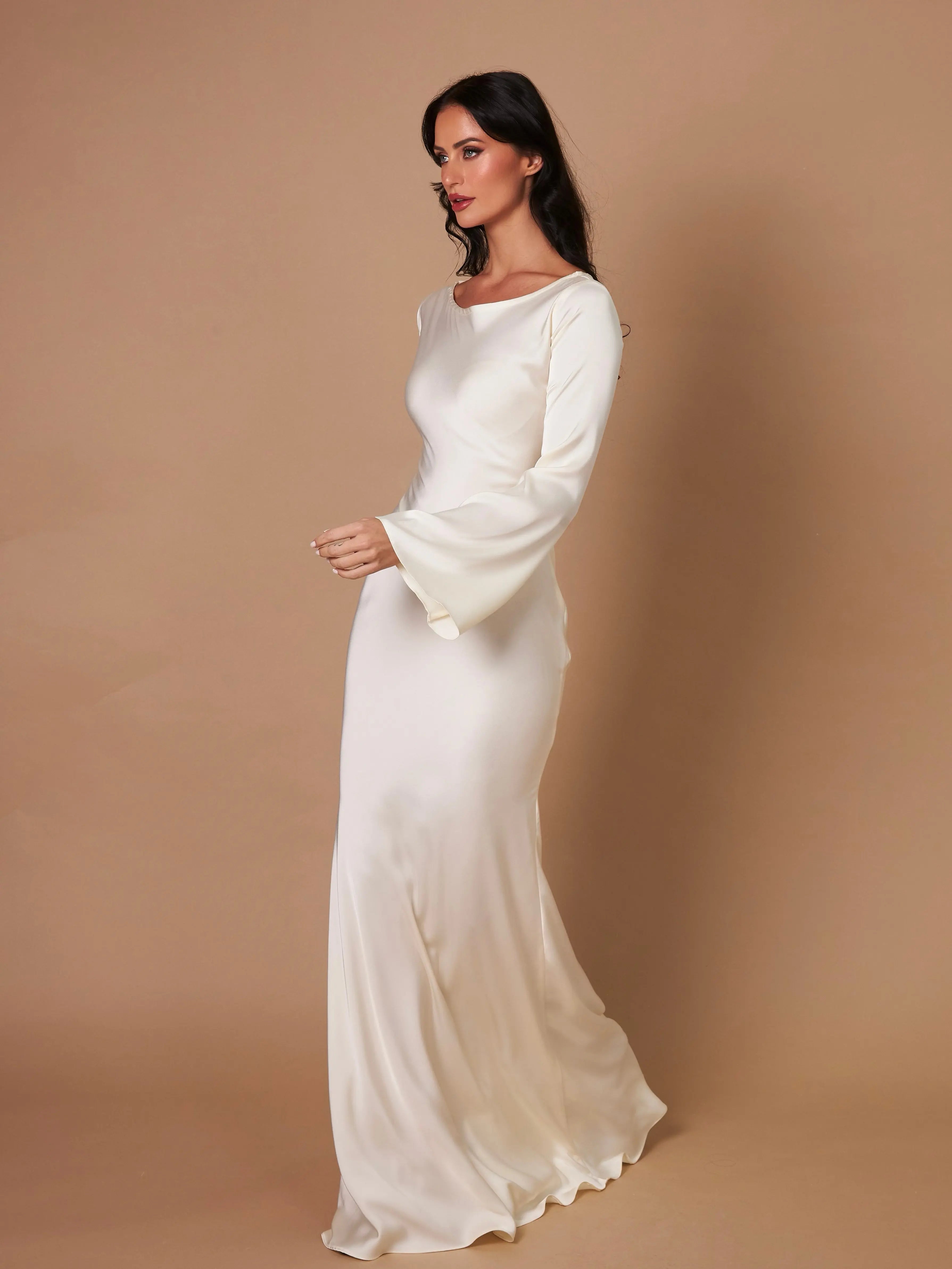 Serena | Women's Satin Long Sleeve Maxi Dress Formal Gown