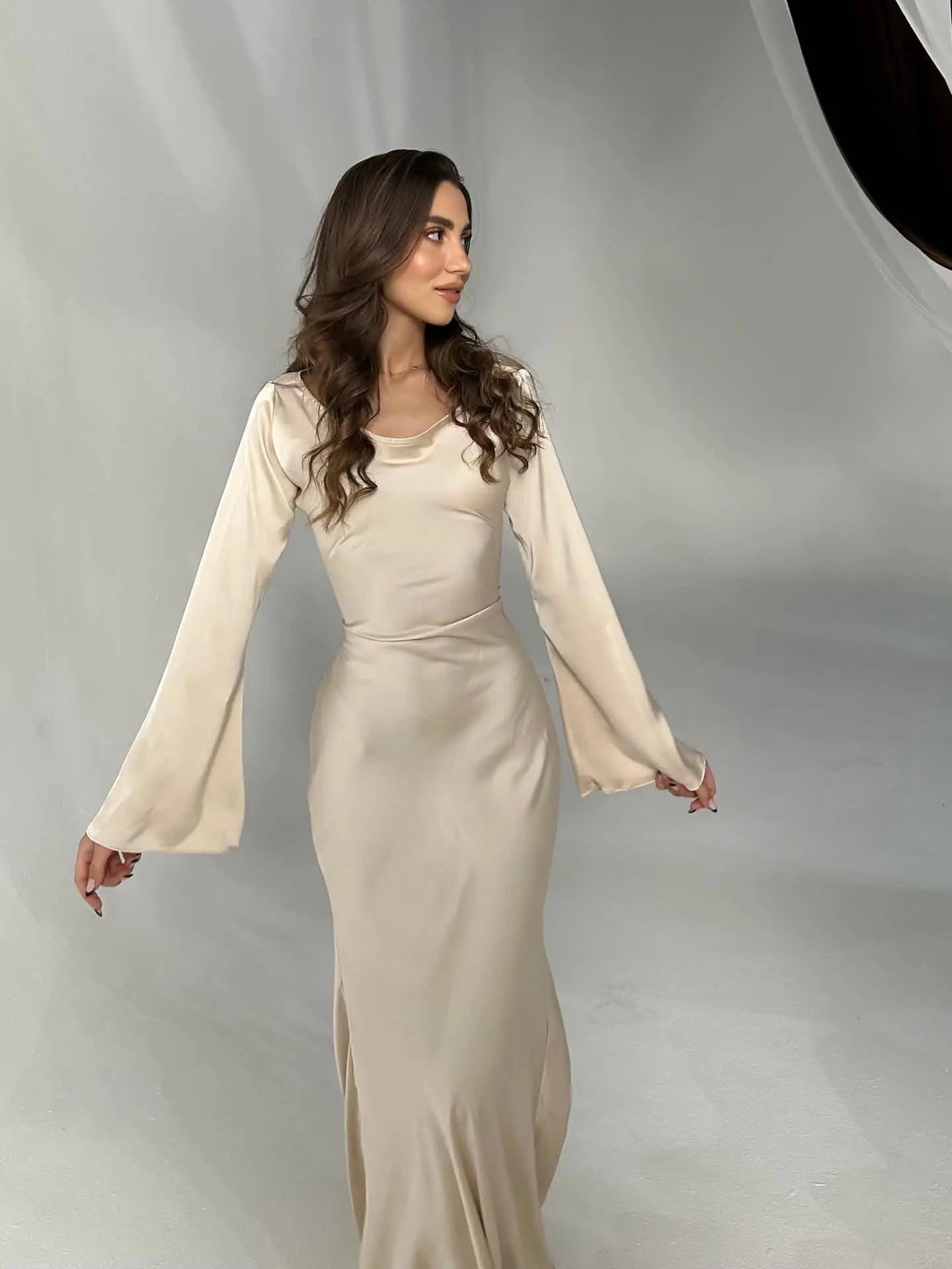 Serena | Women's Satin Long Sleeve Maxi Dress Formal Gown