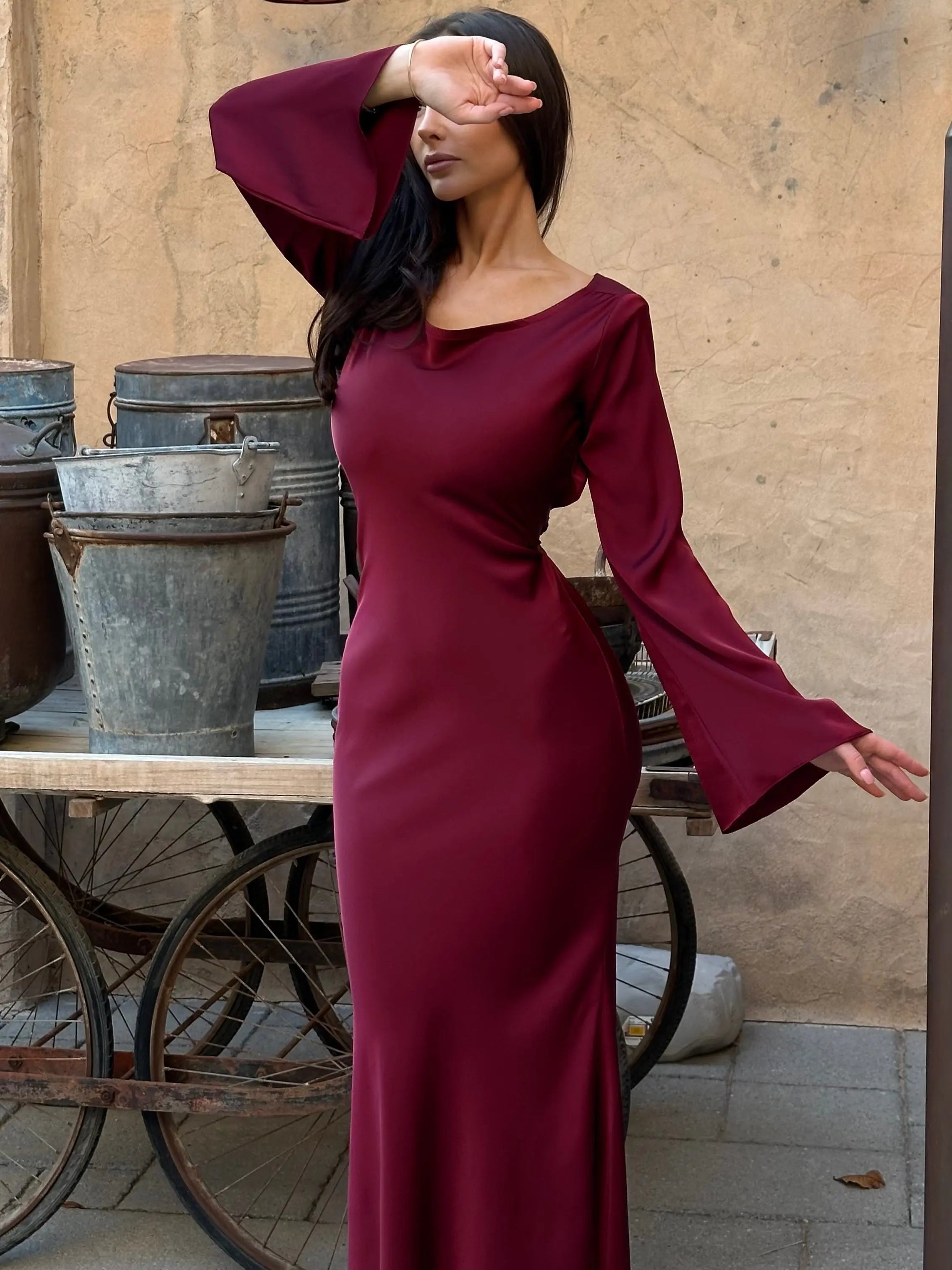 Serena | Women's Satin Long Sleeve Maxi Dress Formal Gown
