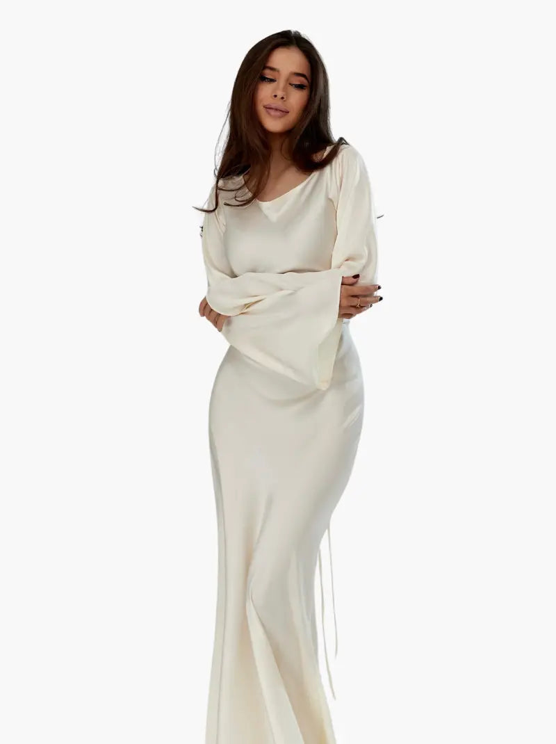 Serena | Women's Satin Long Sleeve Maxi Dress Formal Gown