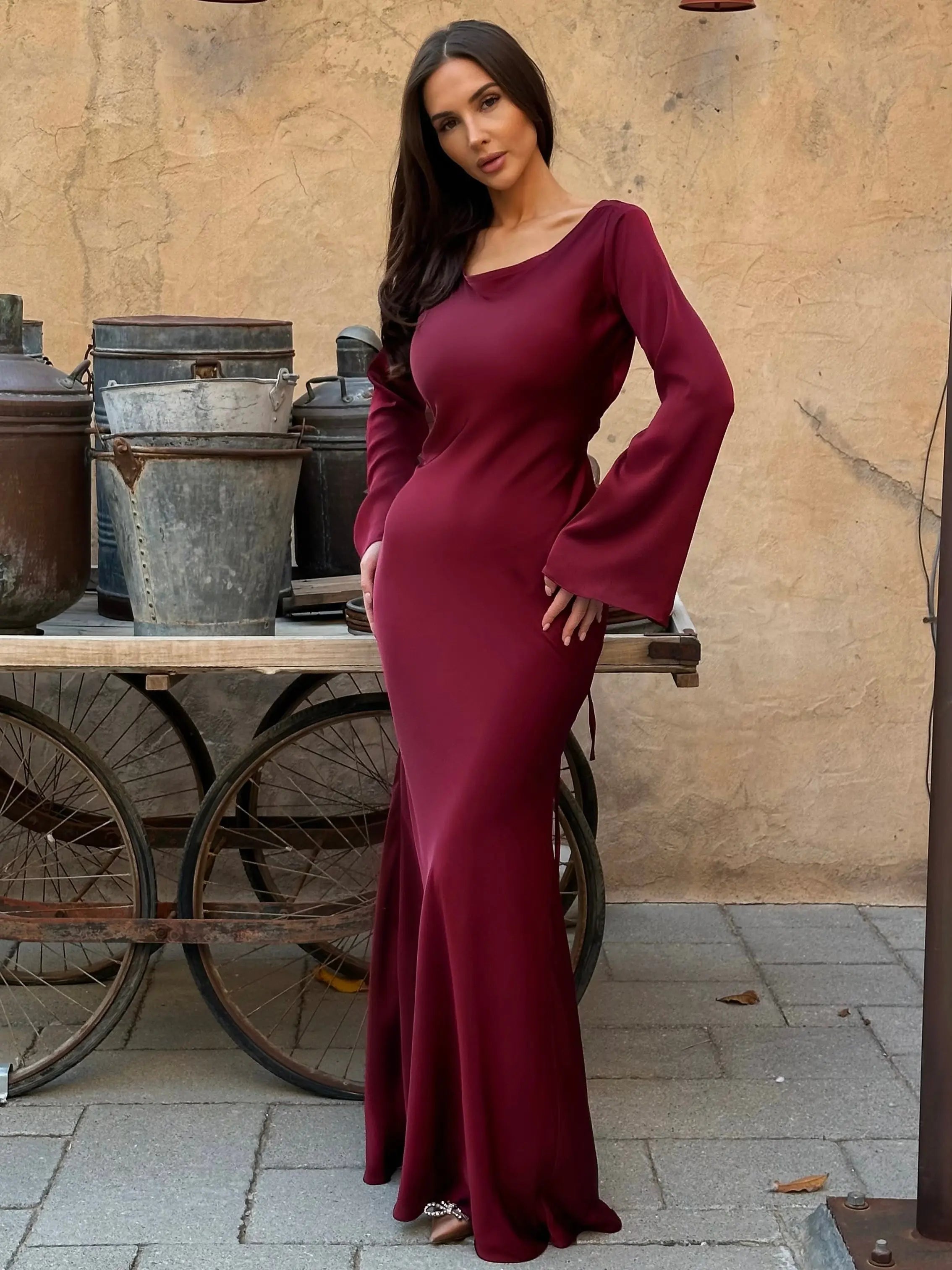 Serena | Women's Satin Long Sleeve Maxi Dress Formal Gown