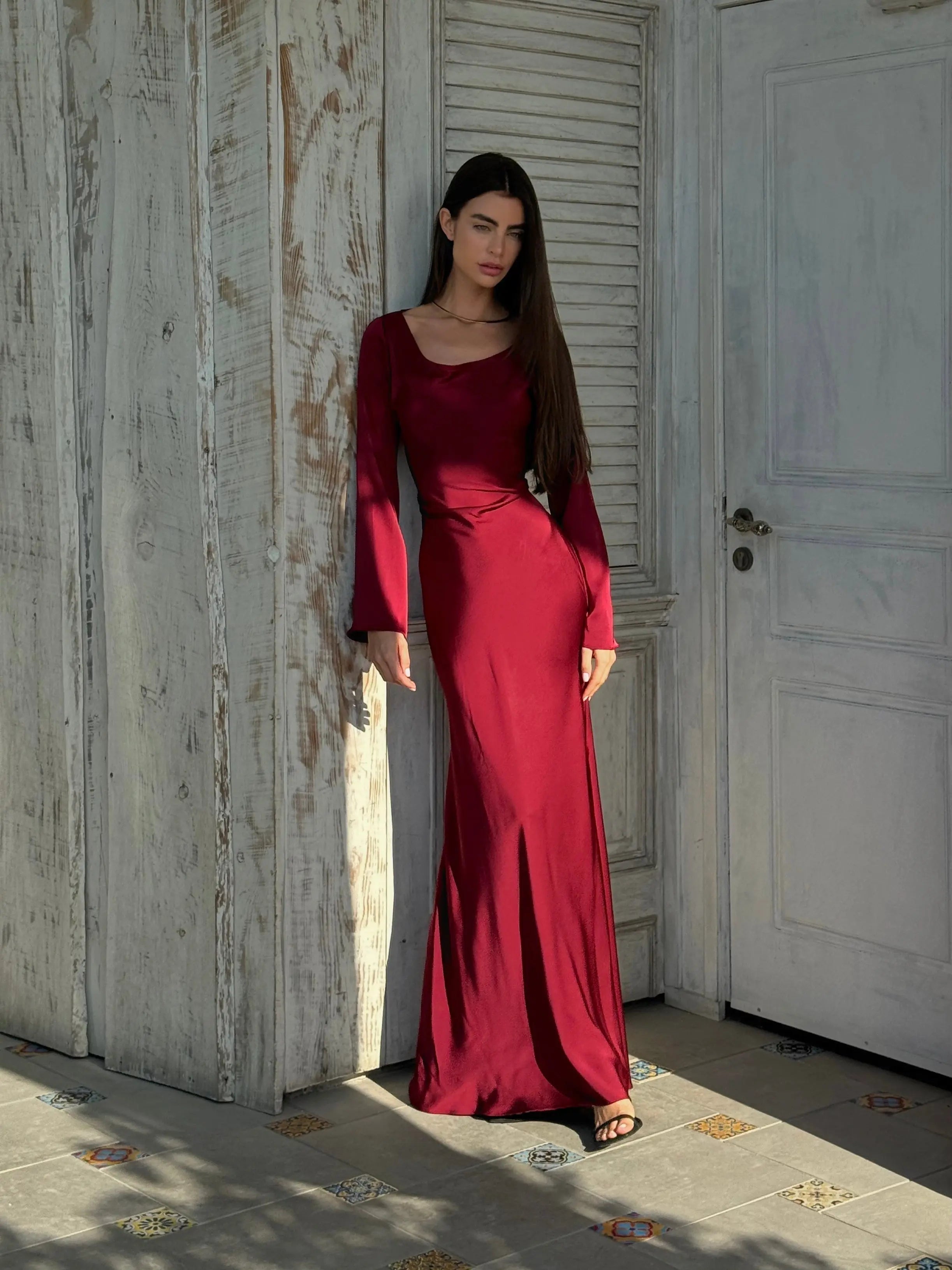 Serena | Women's Satin Long Sleeve Maxi Dress Formal Gown
