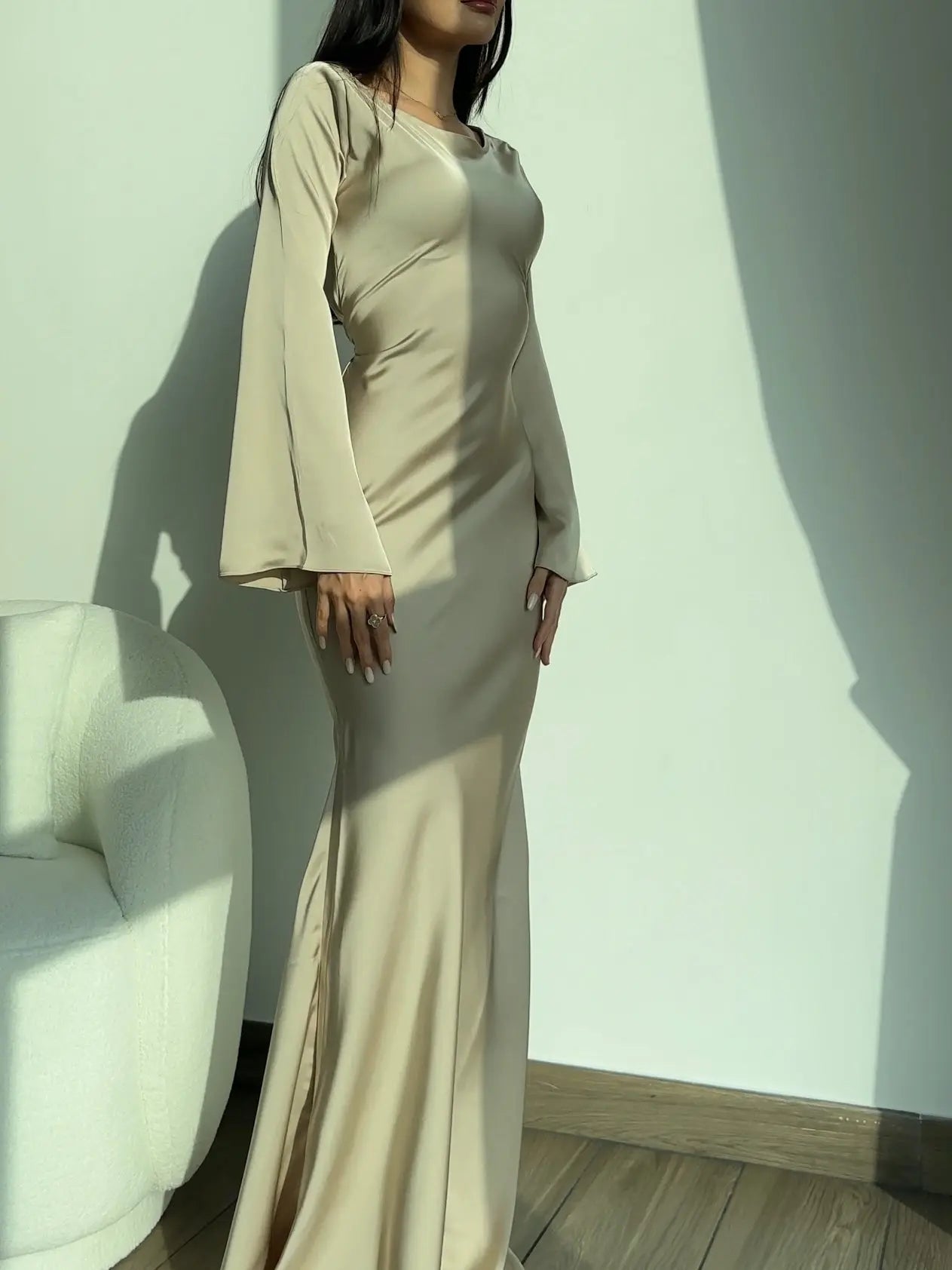 Serena | Women's Satin Long Sleeve Maxi Dress Formal Gown