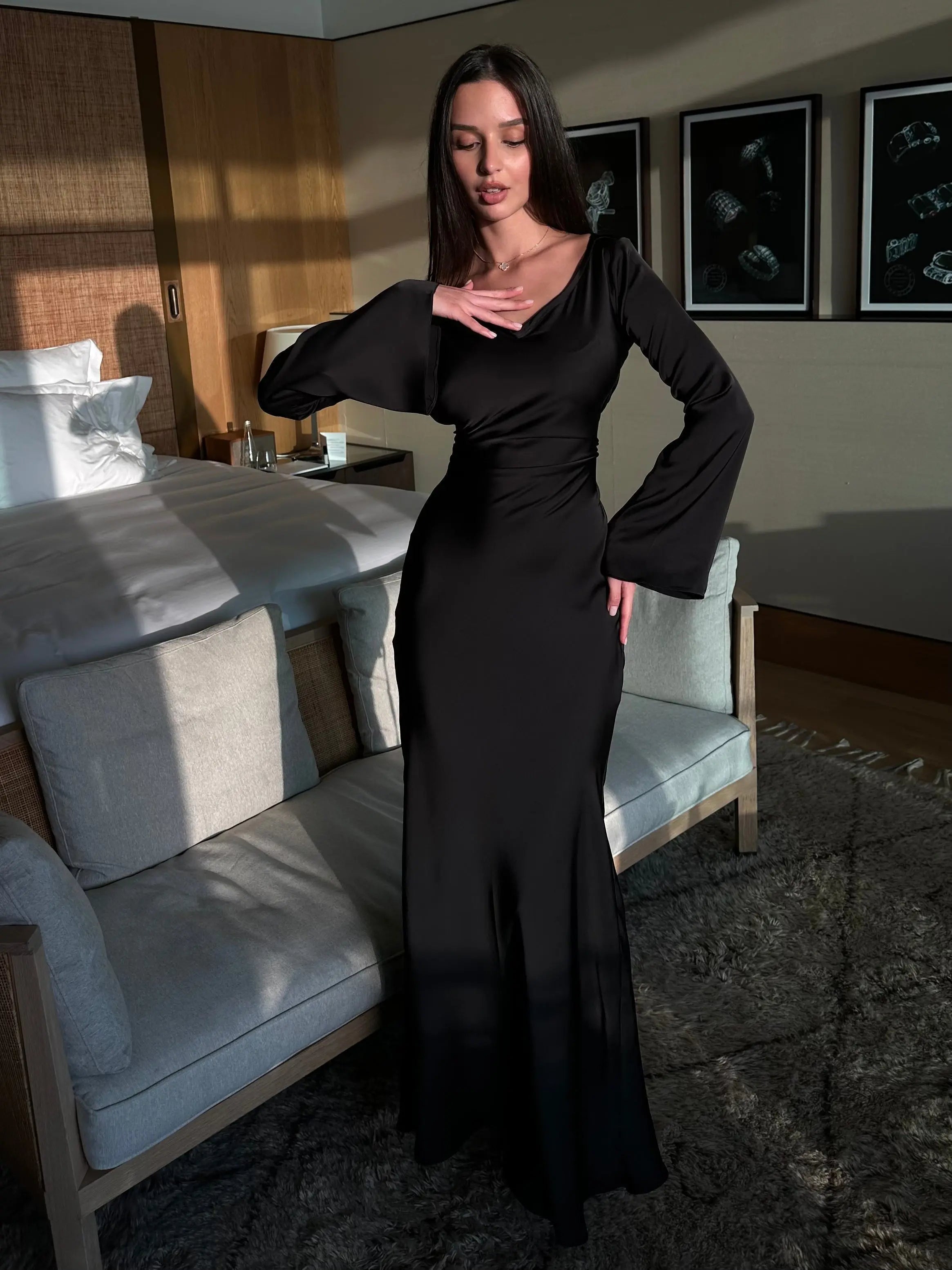 Serena | Women's Satin Long Sleeve Maxi Dress Formal Gown
