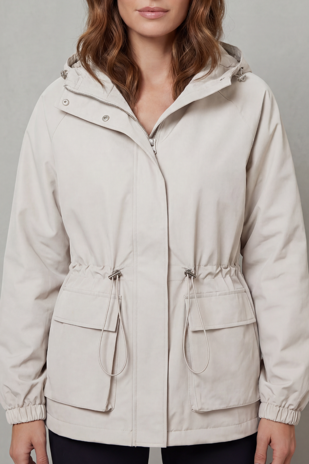 Women's Waterproof Utility Jacket Hooded Drawstring Waist Zip Front