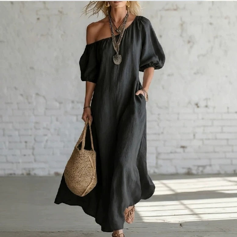 Women's Off-Shoulder Maxi Dress Puff Sleeve Linen Casual Beach