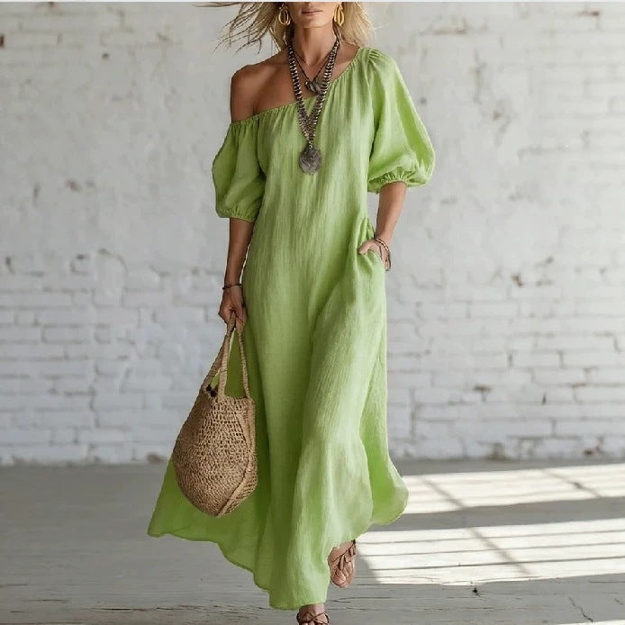 Women's Off-Shoulder Maxi Dress Puff Sleeve Linen Casual Beach