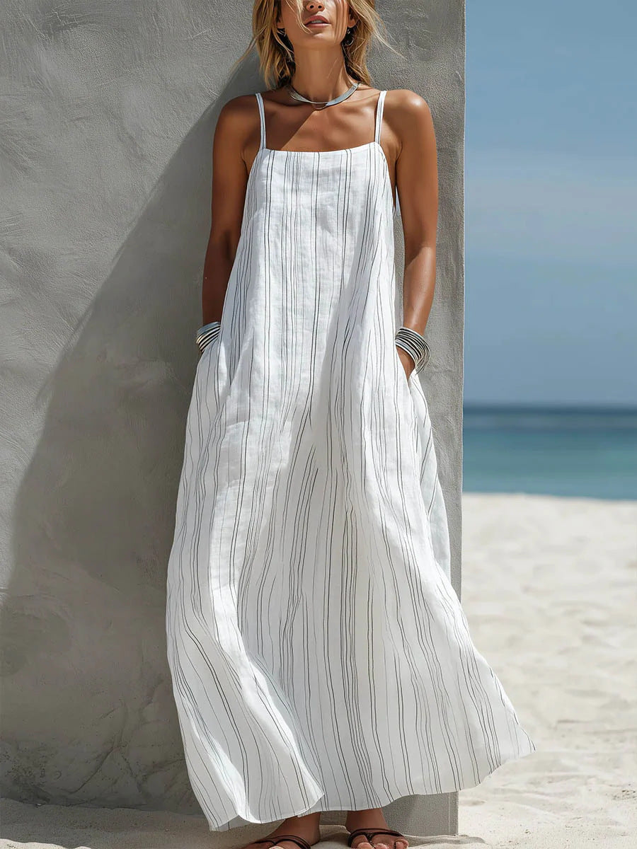 Women's Striped Maxi Dress Spaghetti Strap Side Pockets Linen Beach Sundress