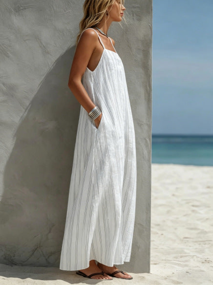 Women's Striped Maxi Dress Spaghetti Strap Side Pockets Linen Beach Sundress