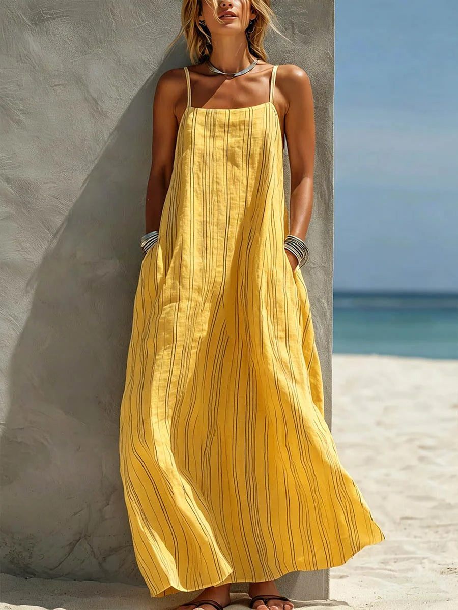 Women's Striped Maxi Dress Spaghetti Strap Side Pockets Linen Beach Sundress