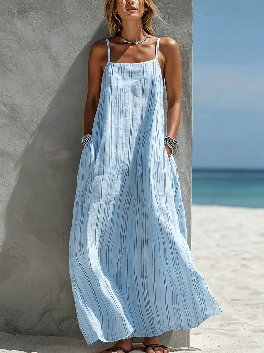 Women's Striped Maxi Dress Spaghetti Strap Side Pockets Linen Beach Sundress