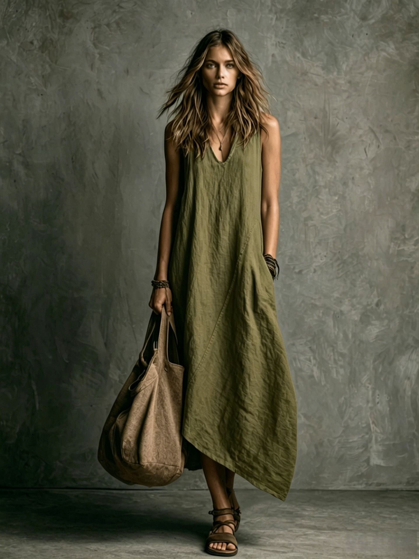 Women's Linen Maxi Dress V-Neck Sleeveless Asymmetric Hem Beach Casual