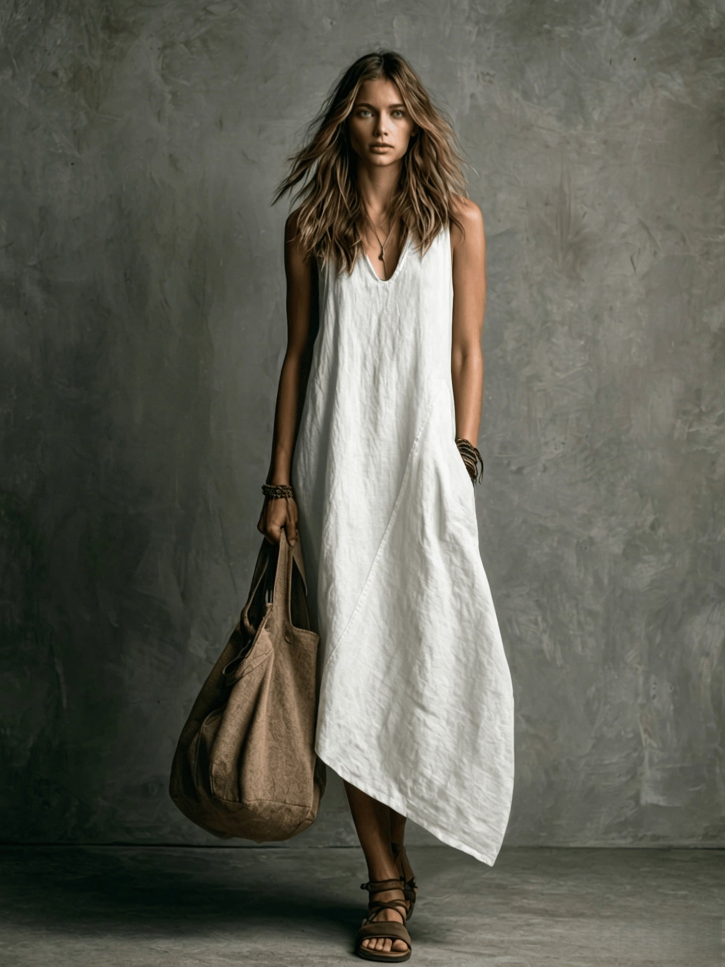 Women's Linen Maxi Dress V-Neck Sleeveless Asymmetric Hem Beach Casual