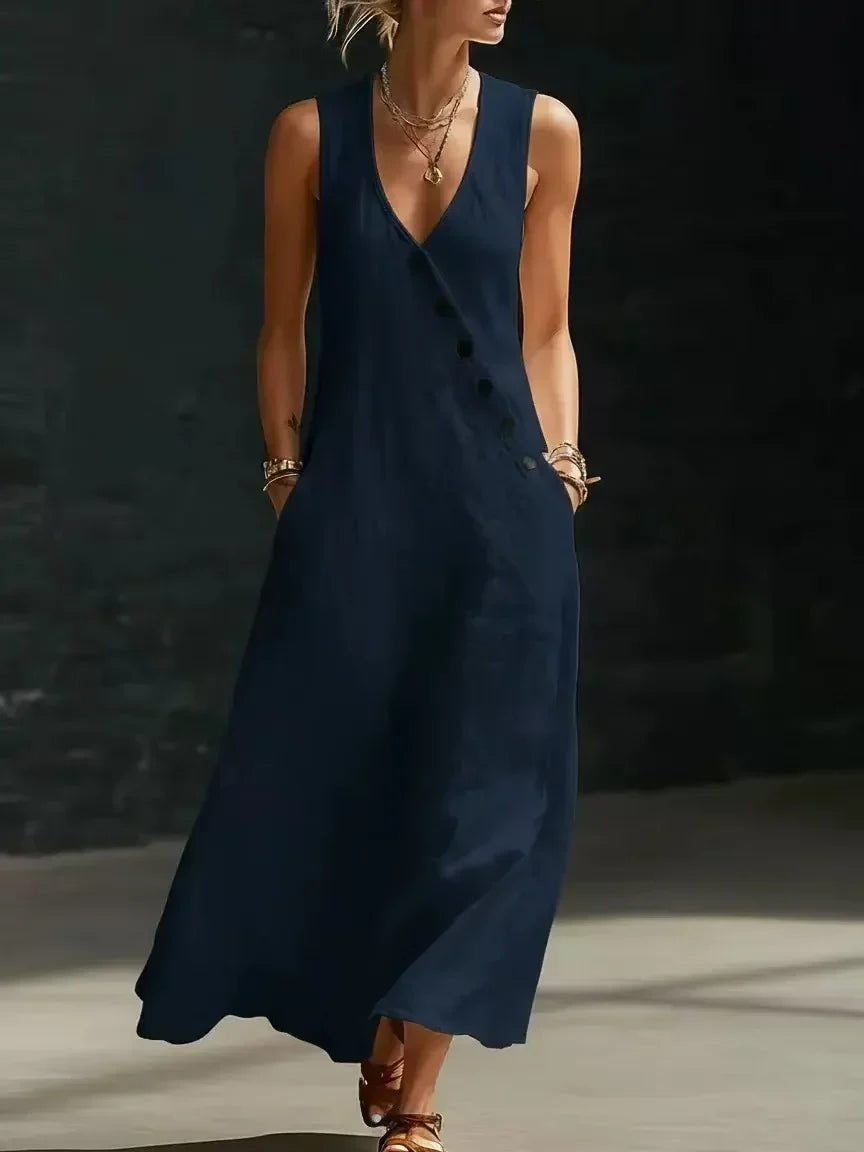 Women's Linen Maxi Dress V-Neck Sleeveless Diagonal Button Casual Beach