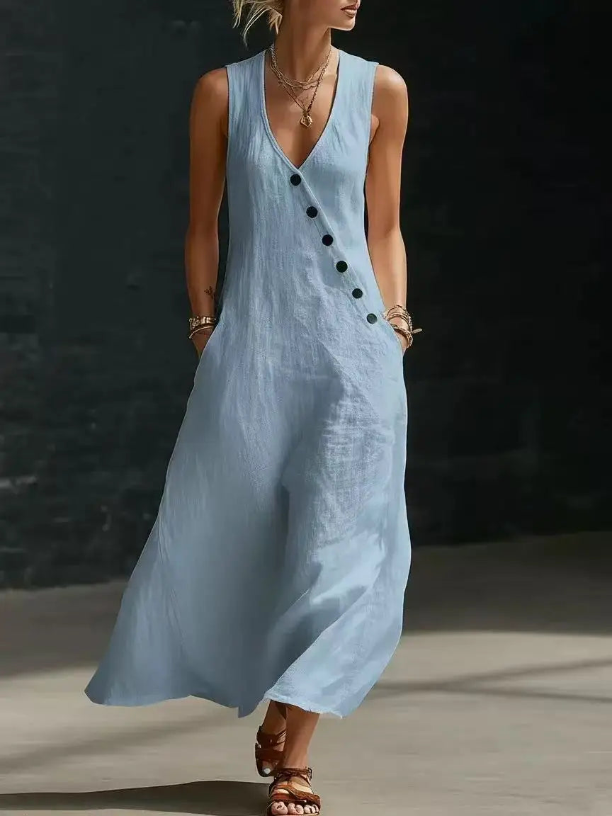 Women's Linen Maxi Dress V-Neck Sleeveless Diagonal Button Casual Beach