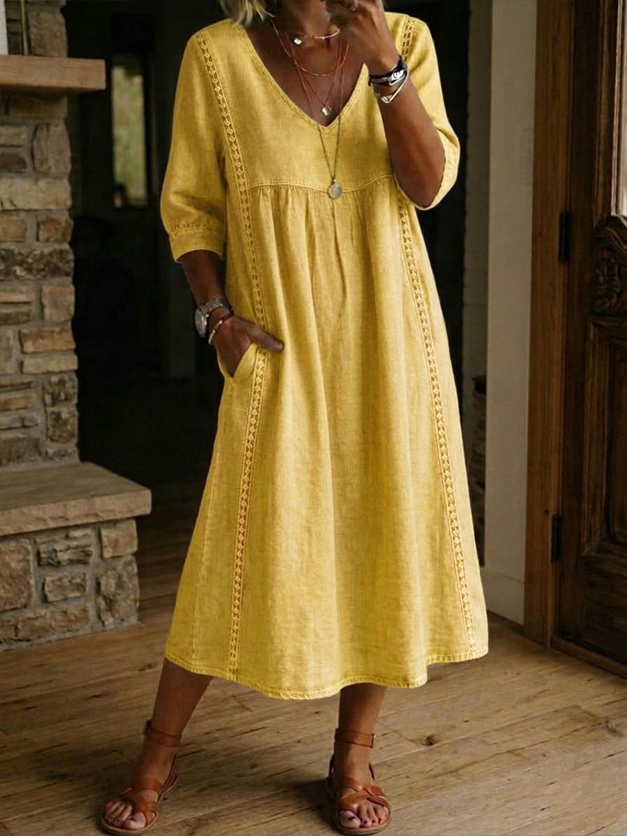 Women's Linen Midi Dress V-Neck 3/4 Sleeve Lace Trim Side Pockets Casual