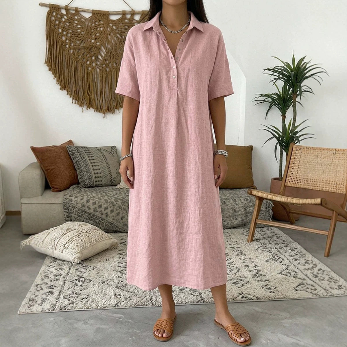 Women's Linen Shirt Dress Collared Short Sleeve Midi Button Placket Casual Beach
