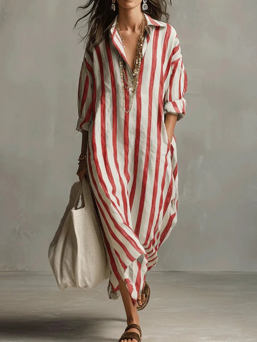 Women's Striped Maxi Shirt Dress Linen Collared Long Sleeve V-Neck Casual Beach