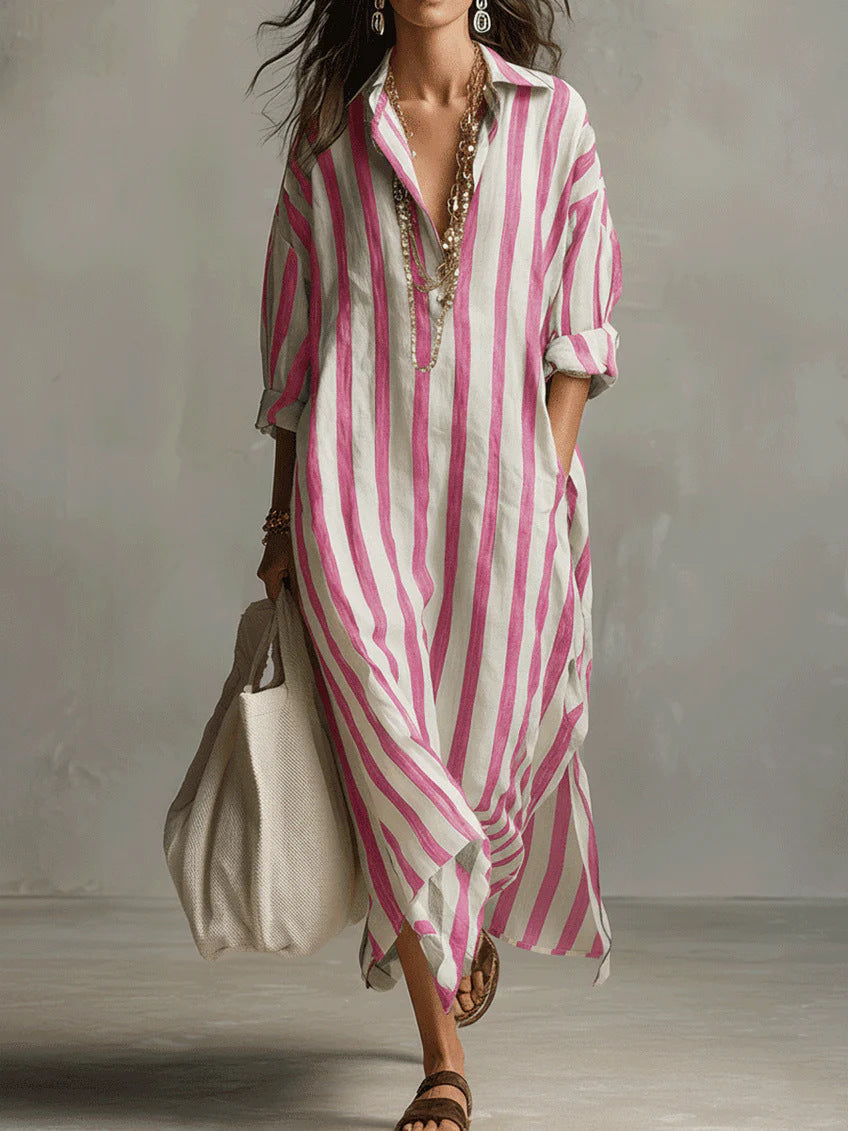 Women's Striped Maxi Shirt Dress Linen Collared Long Sleeve V-Neck Casual Beach