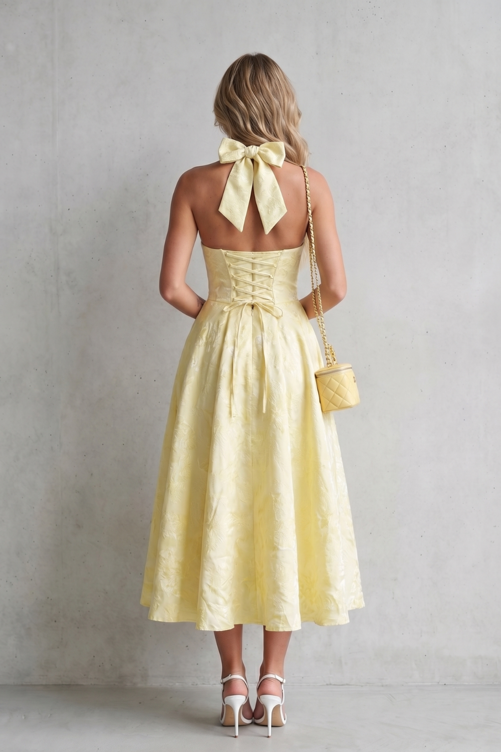 Women's Halter Neck Midi Dress Floral V-Neck Lace-Up Back A-Line Party
