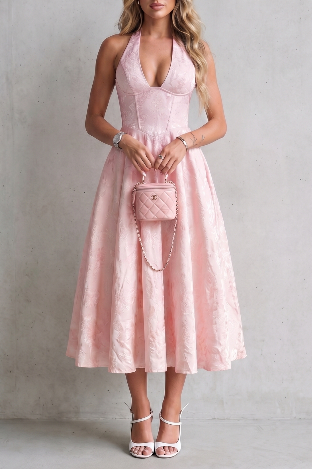 Women's Halter Neck Midi Dress Floral V-Neck Lace-Up Back A-Line Party