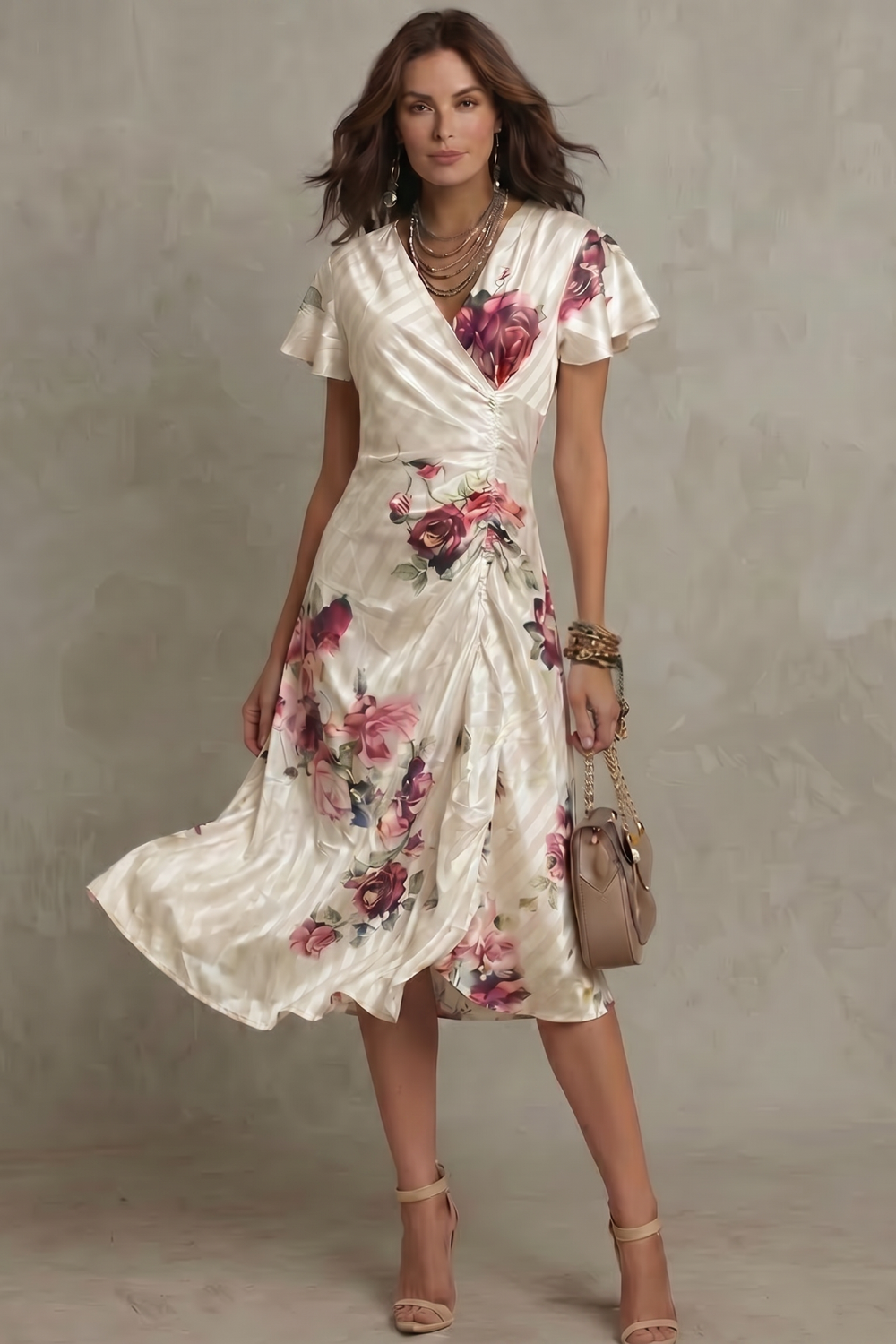 Women's Floral Satin Midi Dress V-Neck Short Sleeve Ruched Casual