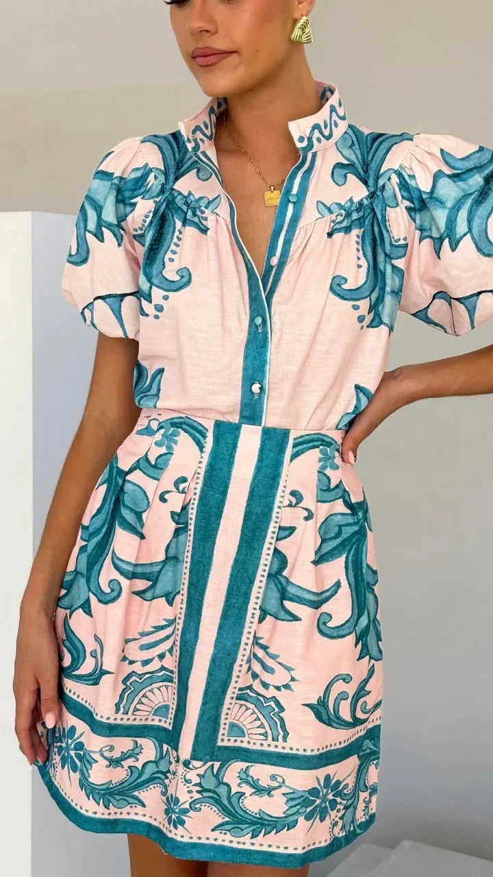 Isla | Women's Floral Print Puff Sleeve Mini Shirt Dress