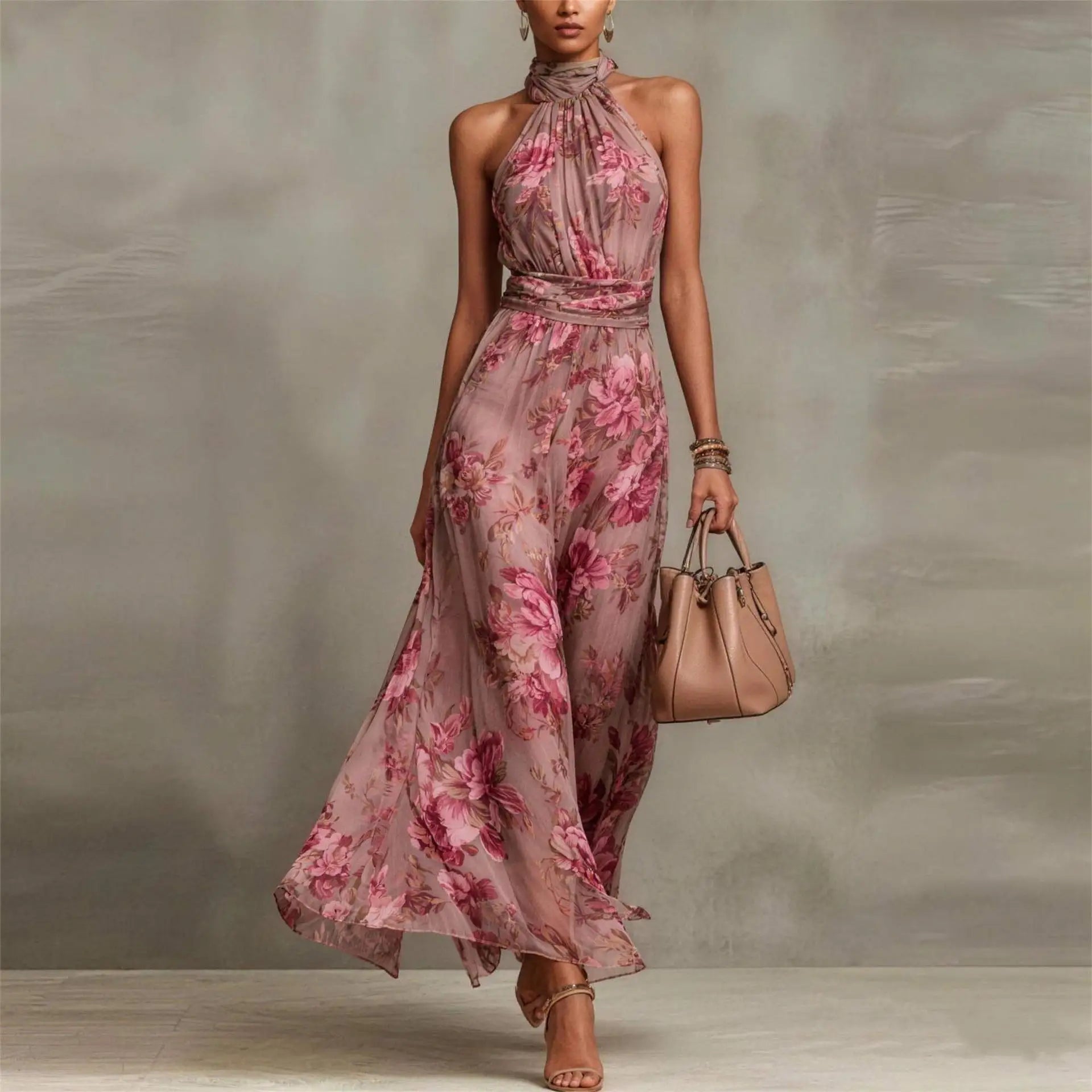 Women's Maxi Dress Floral Print Sleeveless V-Neck Wedding Guest Outfit