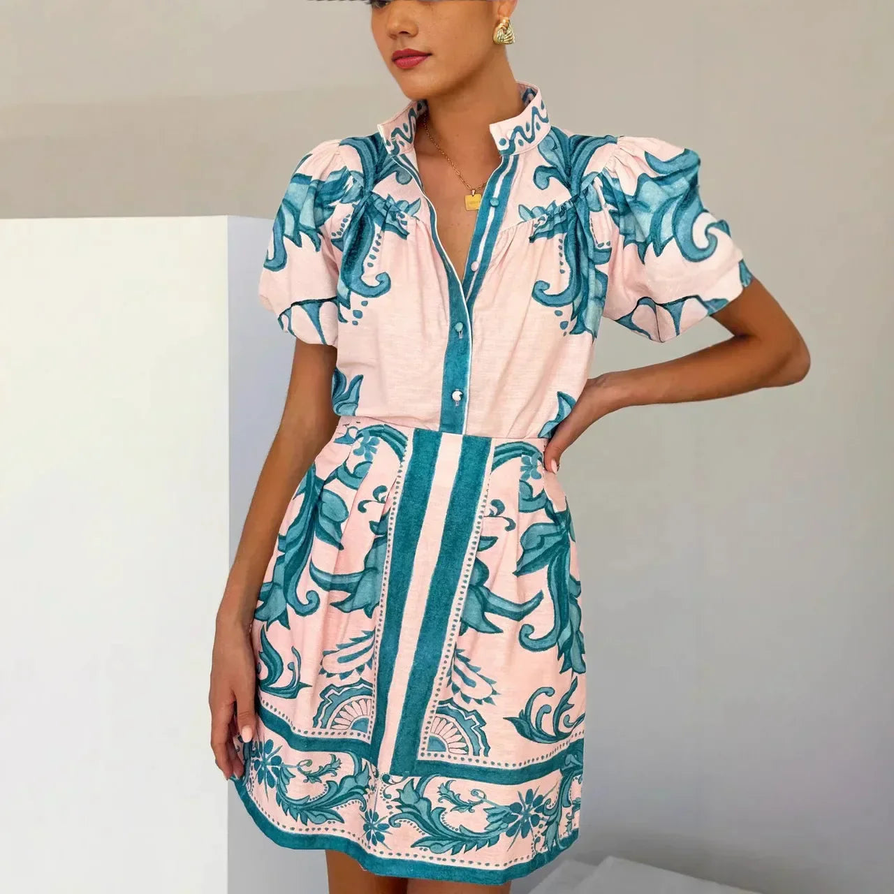 Isla | Women's Floral Print Puff Sleeve Mini Shirt Dress